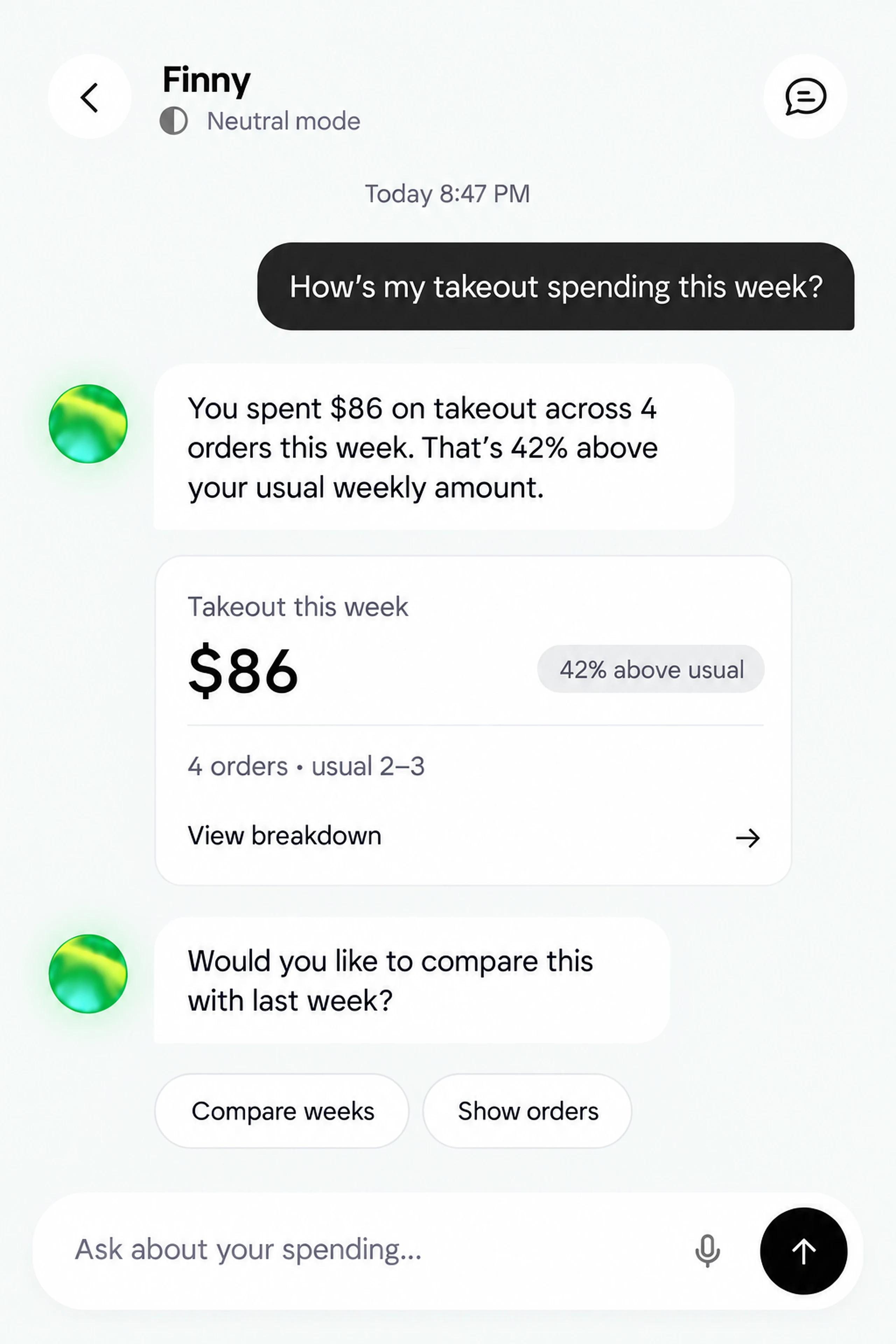 Neutral mode example of Finny reviewing weekly takeout spending