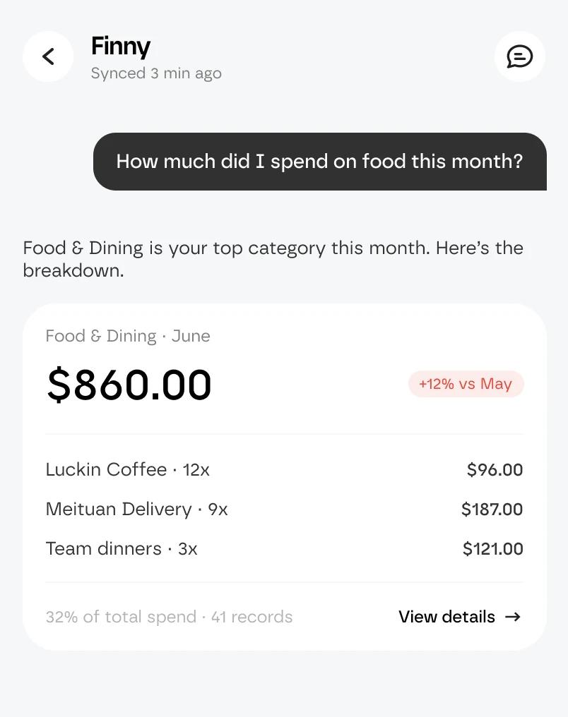 Finny answering the question “How much did I spend on food this month?” with an $860 Food and Dining breakdown by merchant