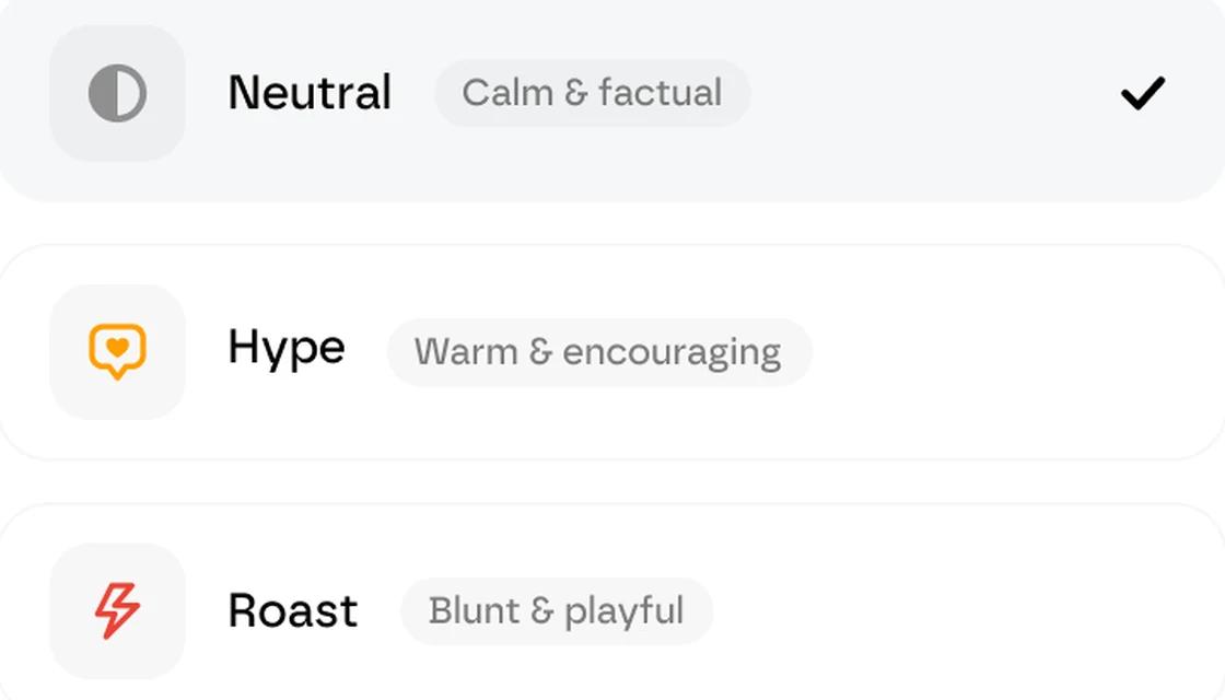 Finny check-in style options — Neutral, Hype, and Roast