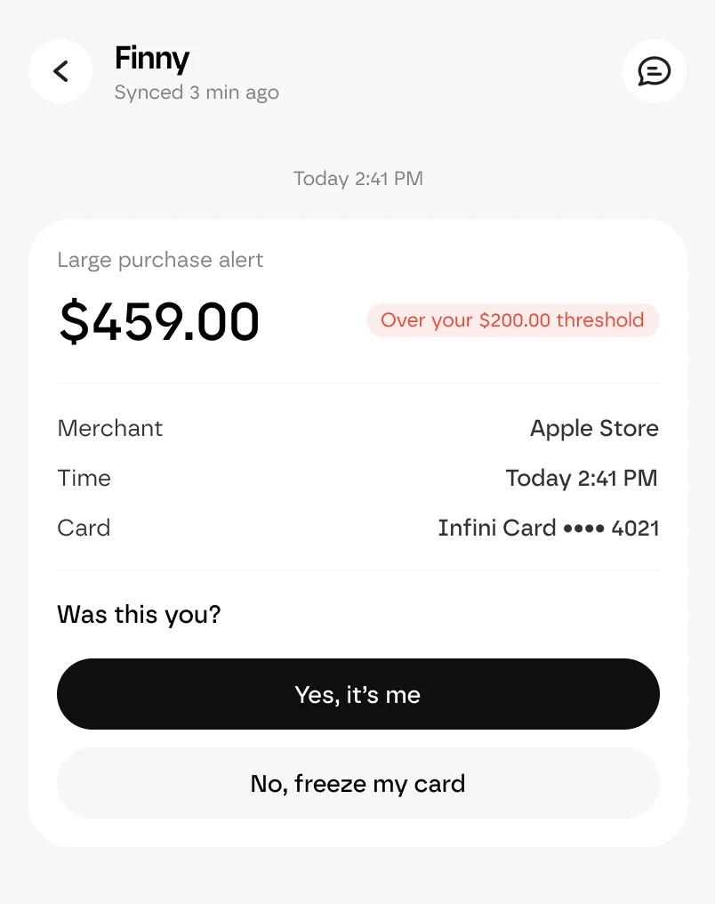 Finny large purchase alert showing a $459 Apple Store charge that is over the user’s $200 threshold, with confirm and freeze card options