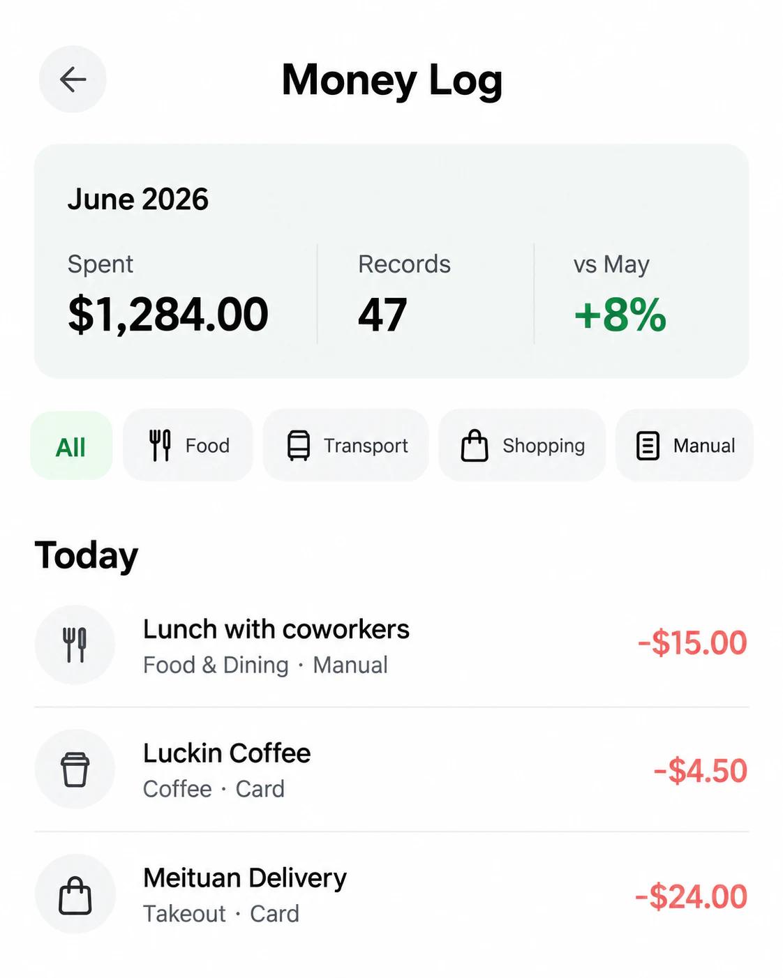 Finny Money Log screen showing three card and manual expenses together under Today
