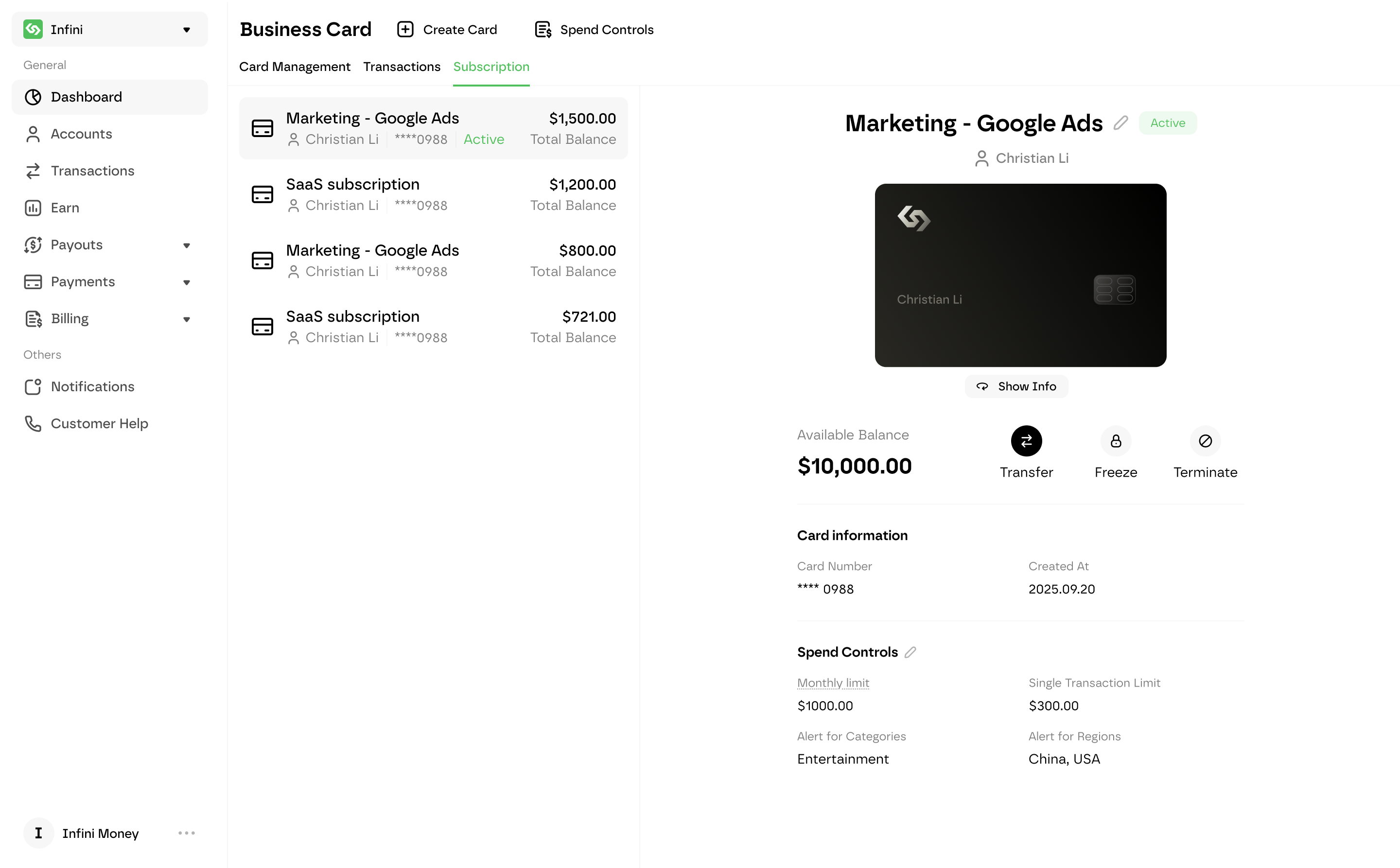 Infini business card interface showing card management, card details and spend controls