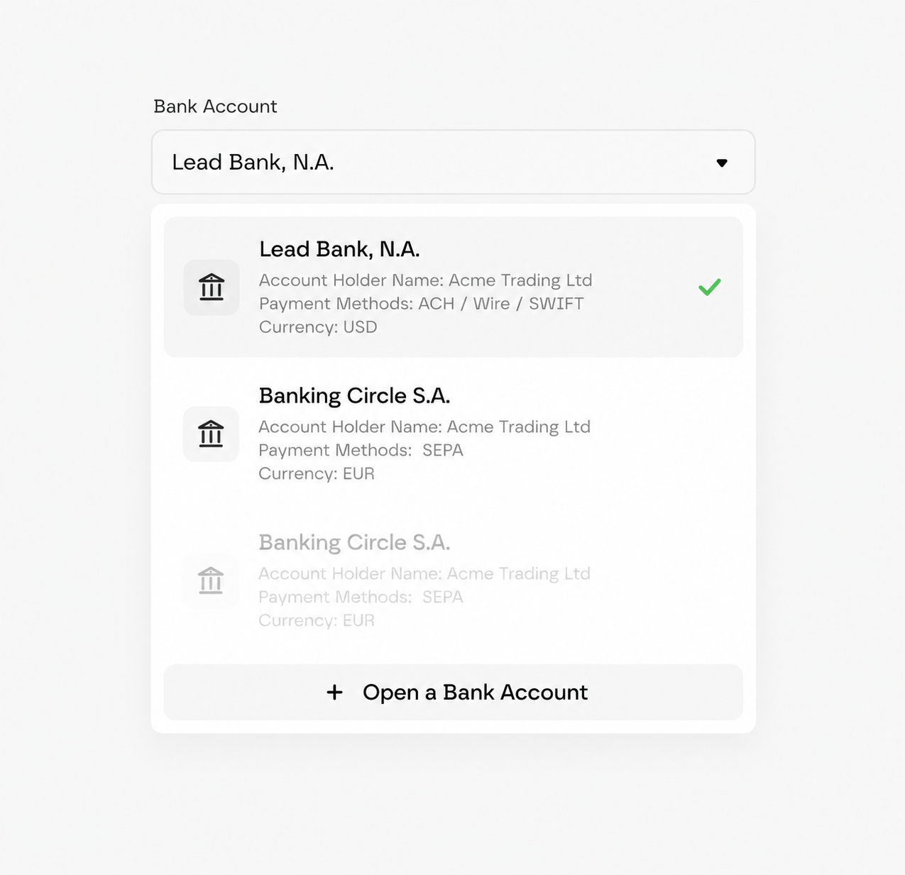 Bank account selector showing USD and EUR accounts and available payment rails